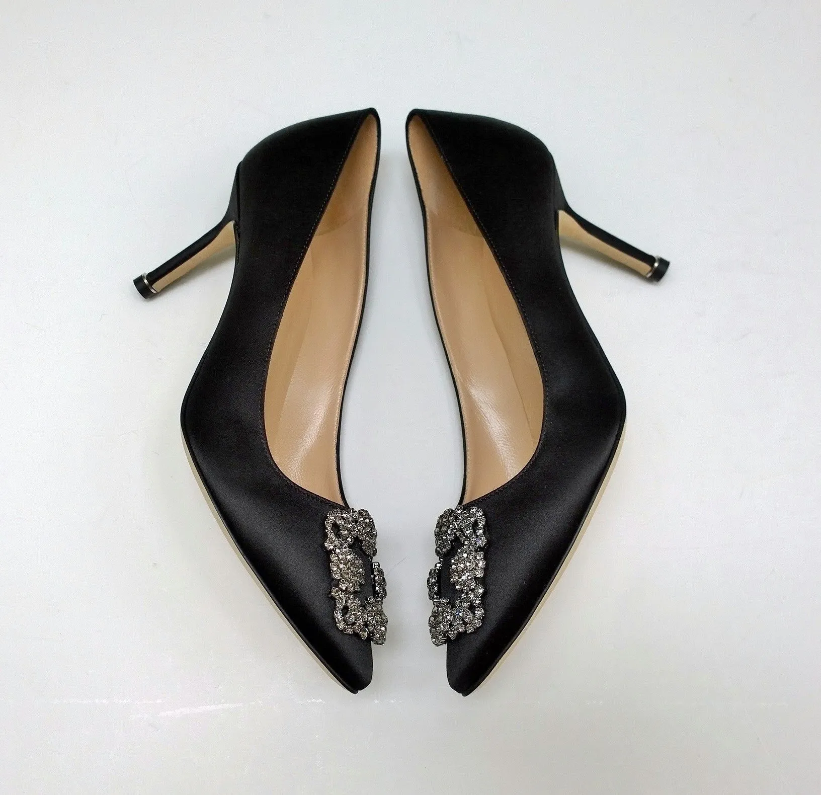 Manolo Blahnik Hangisi 70 Black Satin Rhinestone Buckle Strass Heels