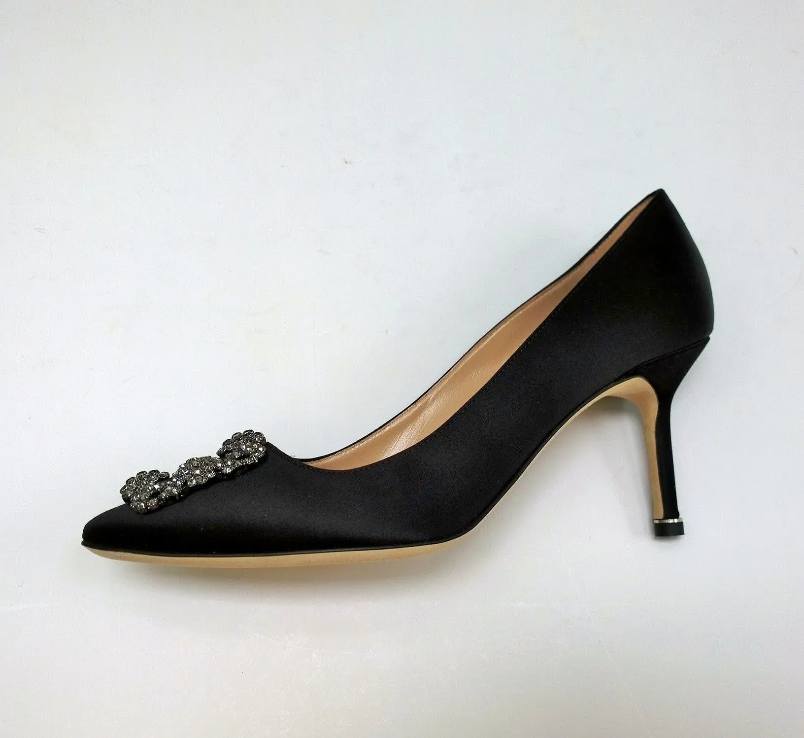 Manolo Blahnik Hangisi 70 Black Satin Rhinestone Buckle Strass Heels