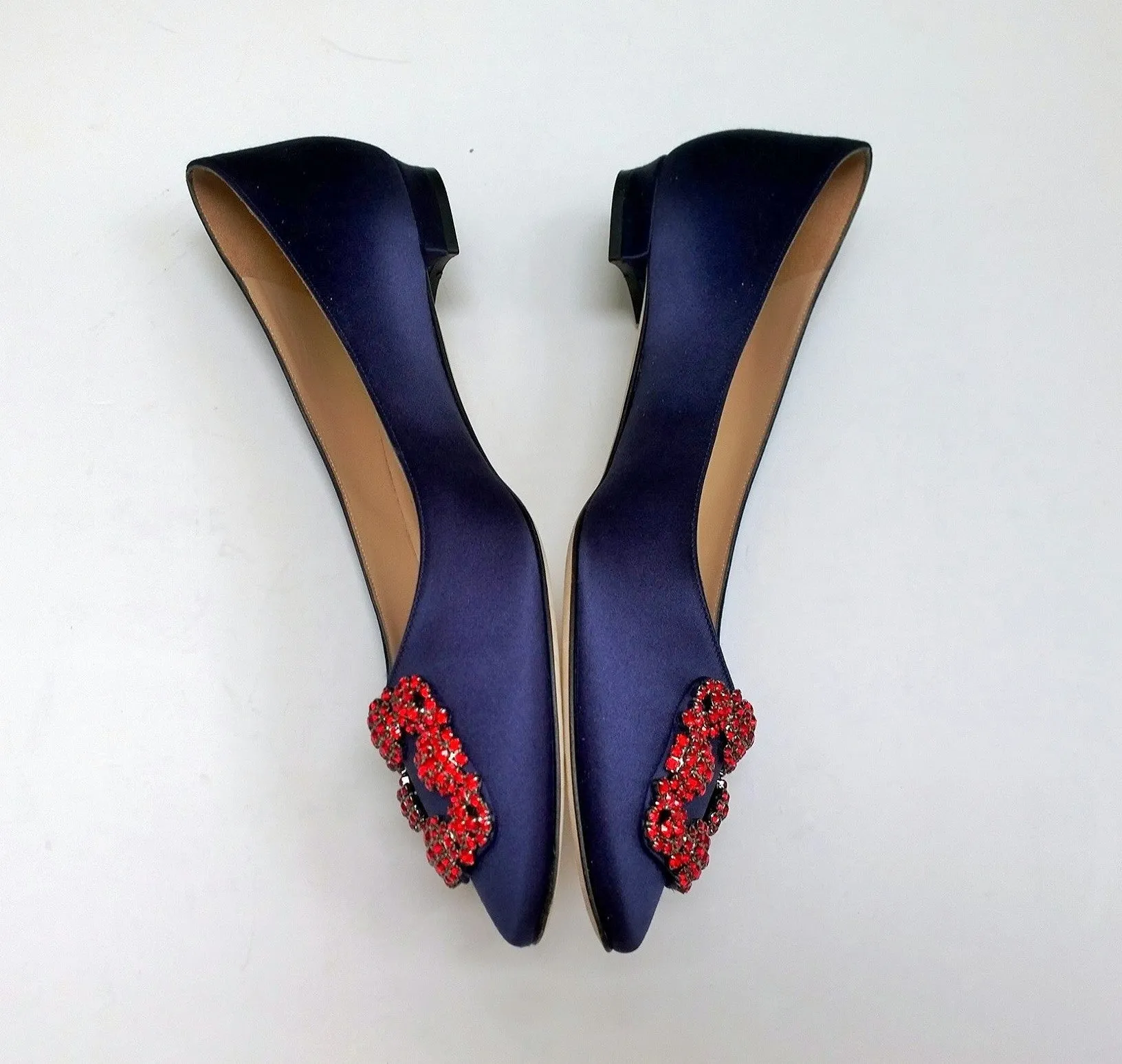 Manolo Blahnik Hangisi Flats in Navy Blue Satin with Red Rhinestone Buckle Strass Shoes