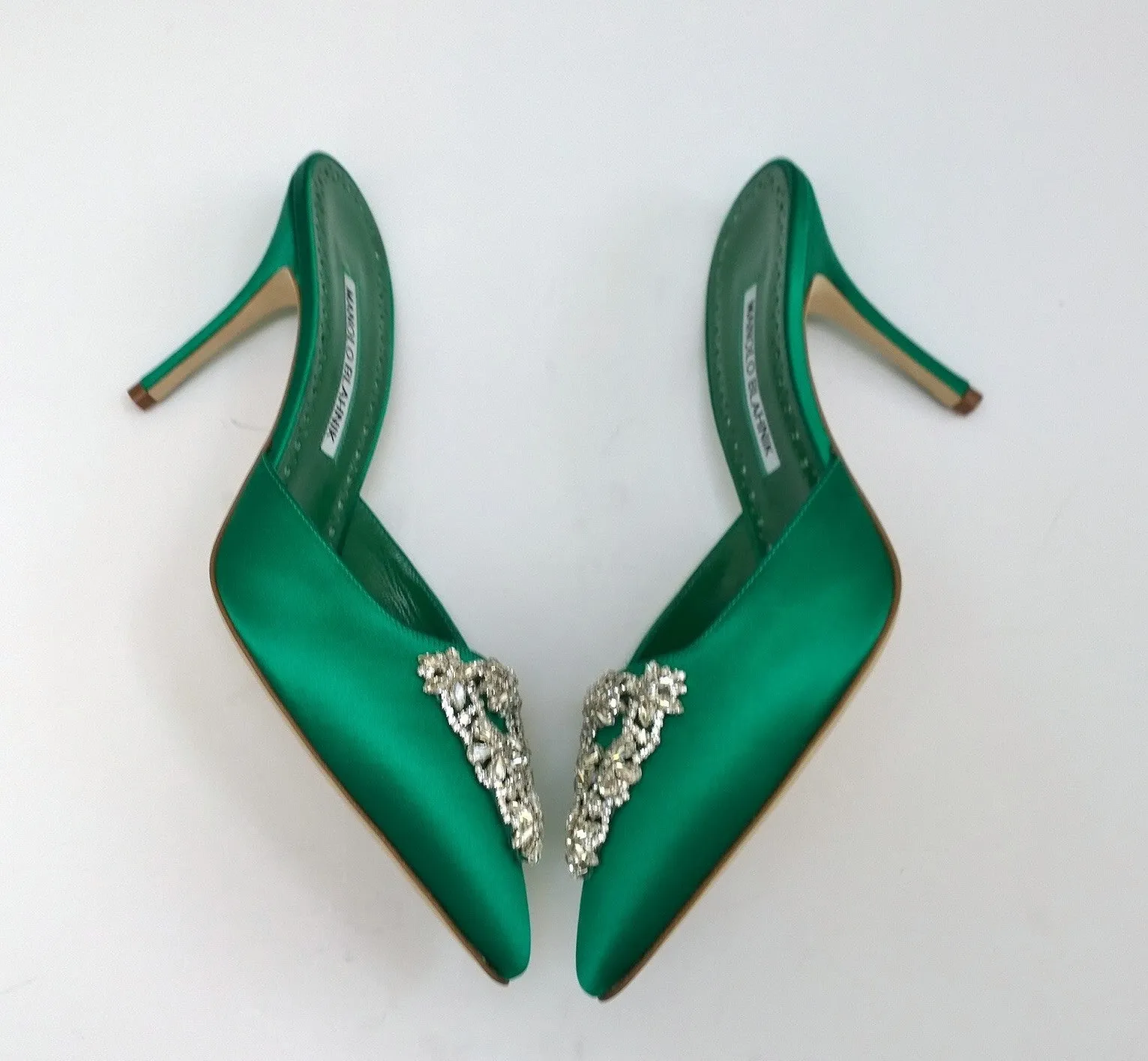 Manolo Blahnik Namutri 90 Emerald Green Satin Mules Rhinestone Buckle Heels