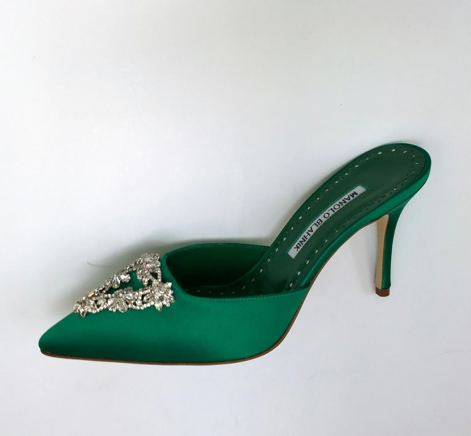 Manolo Blahnik Namutri 90 Emerald Green Satin Mules Rhinestone Buckle Heels