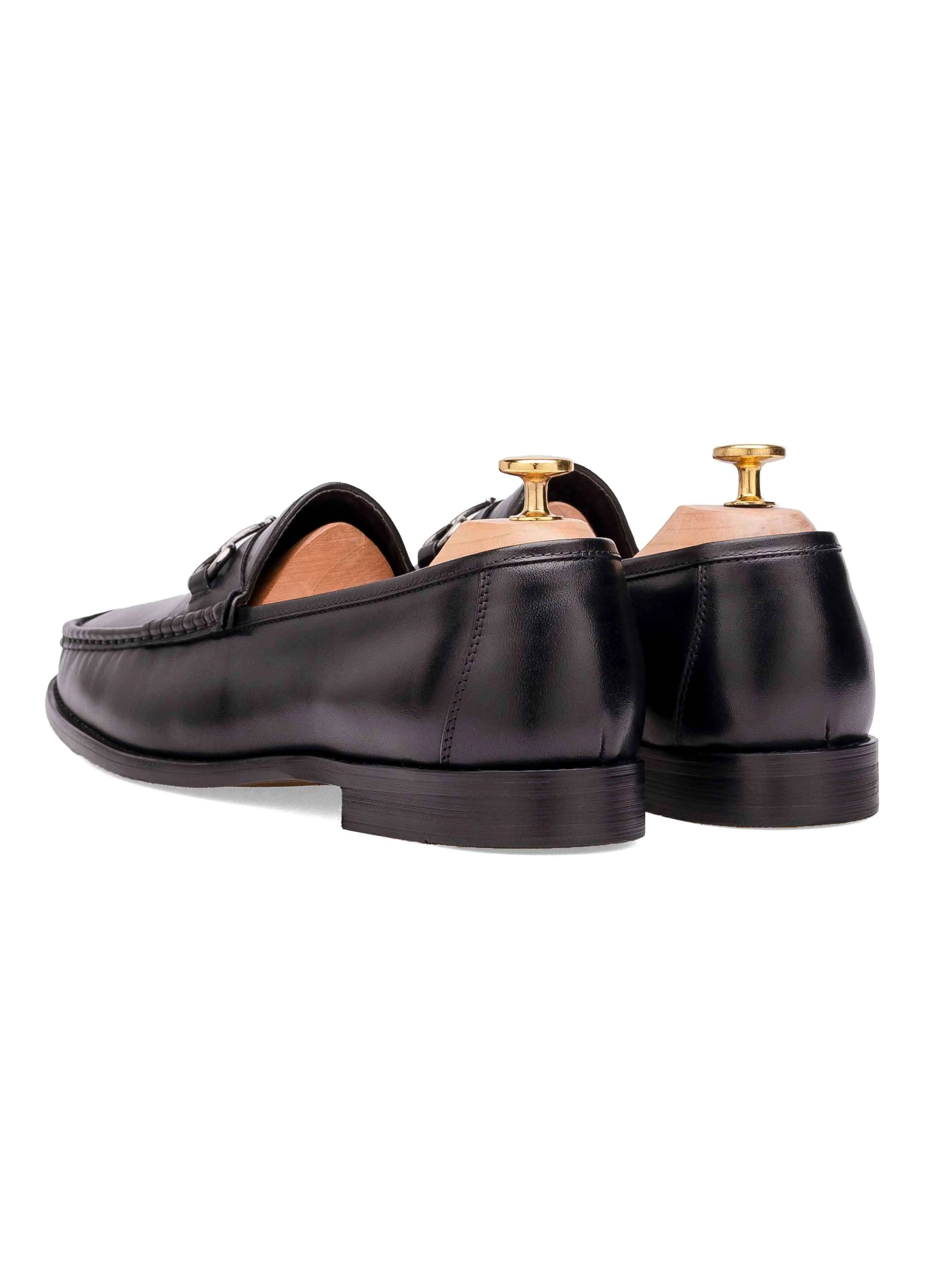 Mario Horsebit Moccasin Loafer - Black Leather (Silver Buckle)