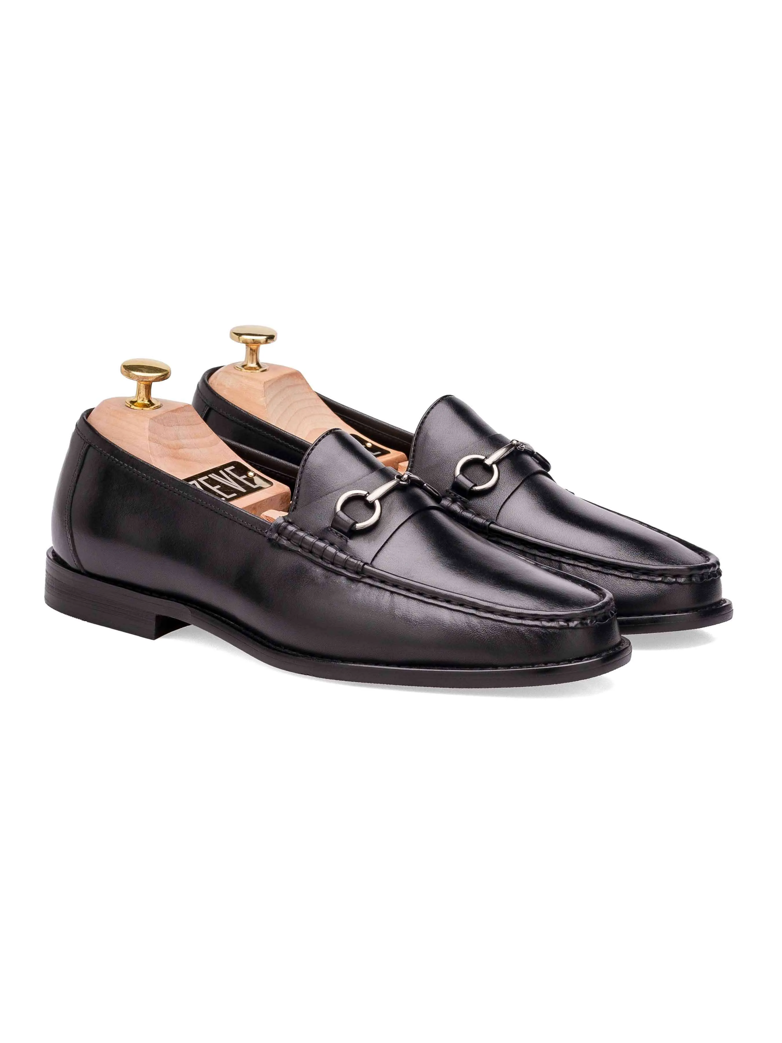 Mario Horsebit Moccasin Loafer - Black Leather (Silver Buckle)