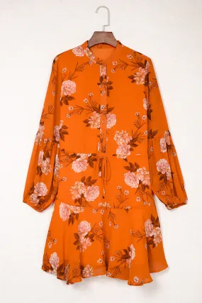 Orange Vintage Floral Print Drawstring Flowy Dress