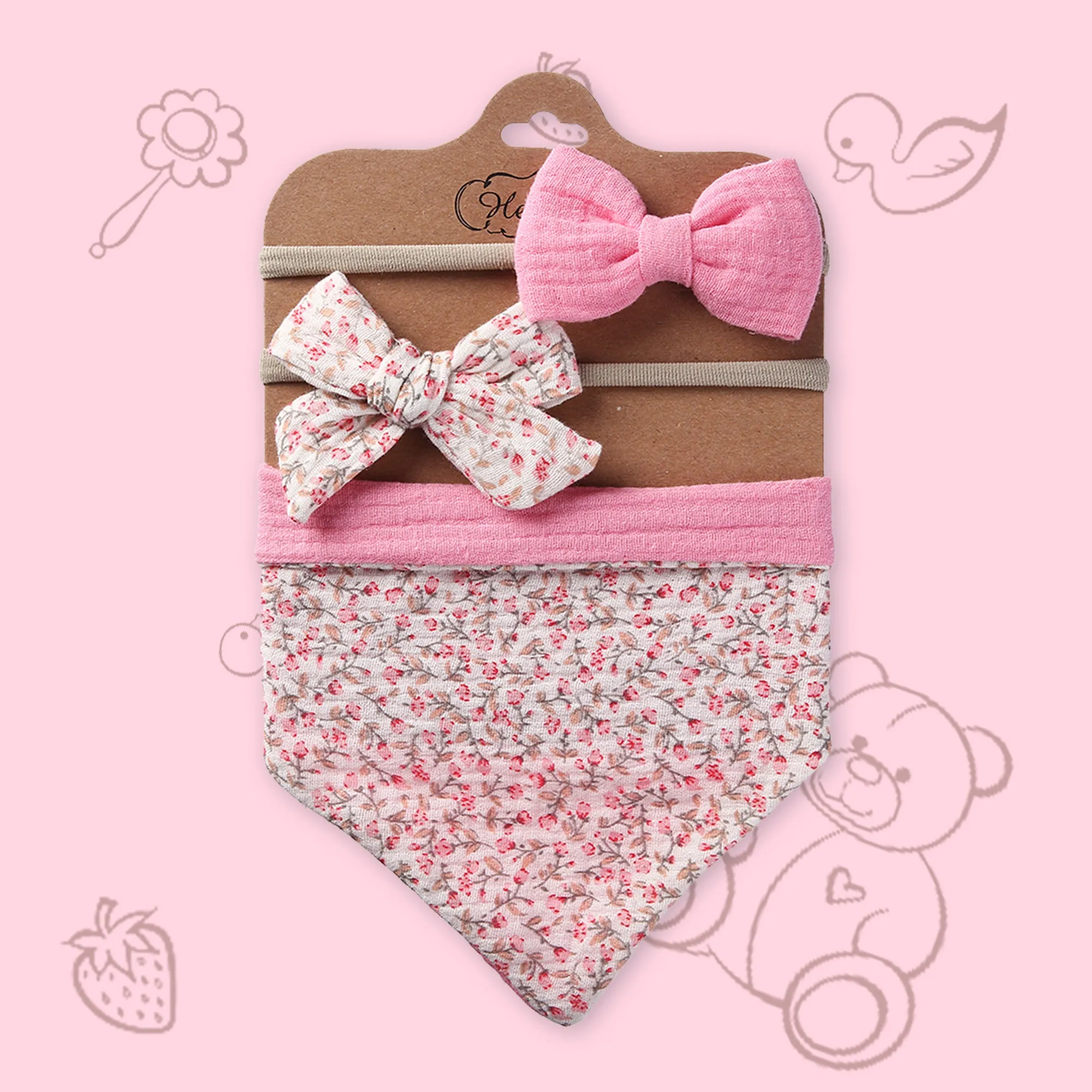 Polka Tots Floral Bow Headbands with Bib Set - Pink