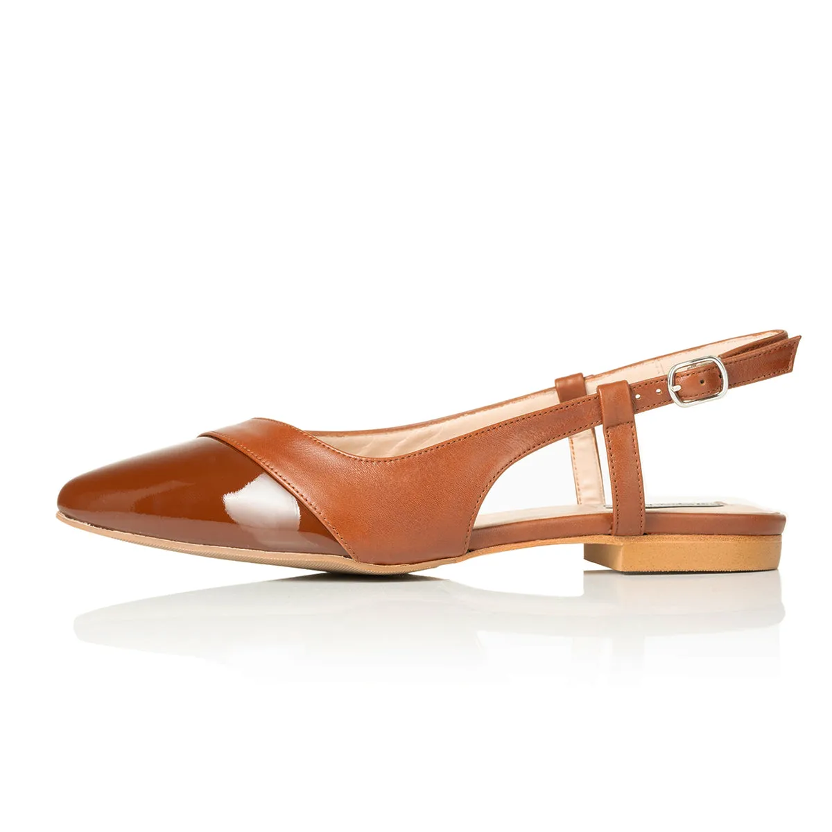 Sadie Extra Wide Fit Slingback Flats - Tan Leather & Patent