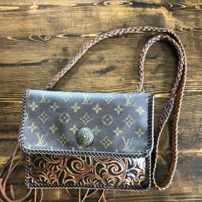 The Warbler Crossbody/Clutch in Monogram with Tooled Leather