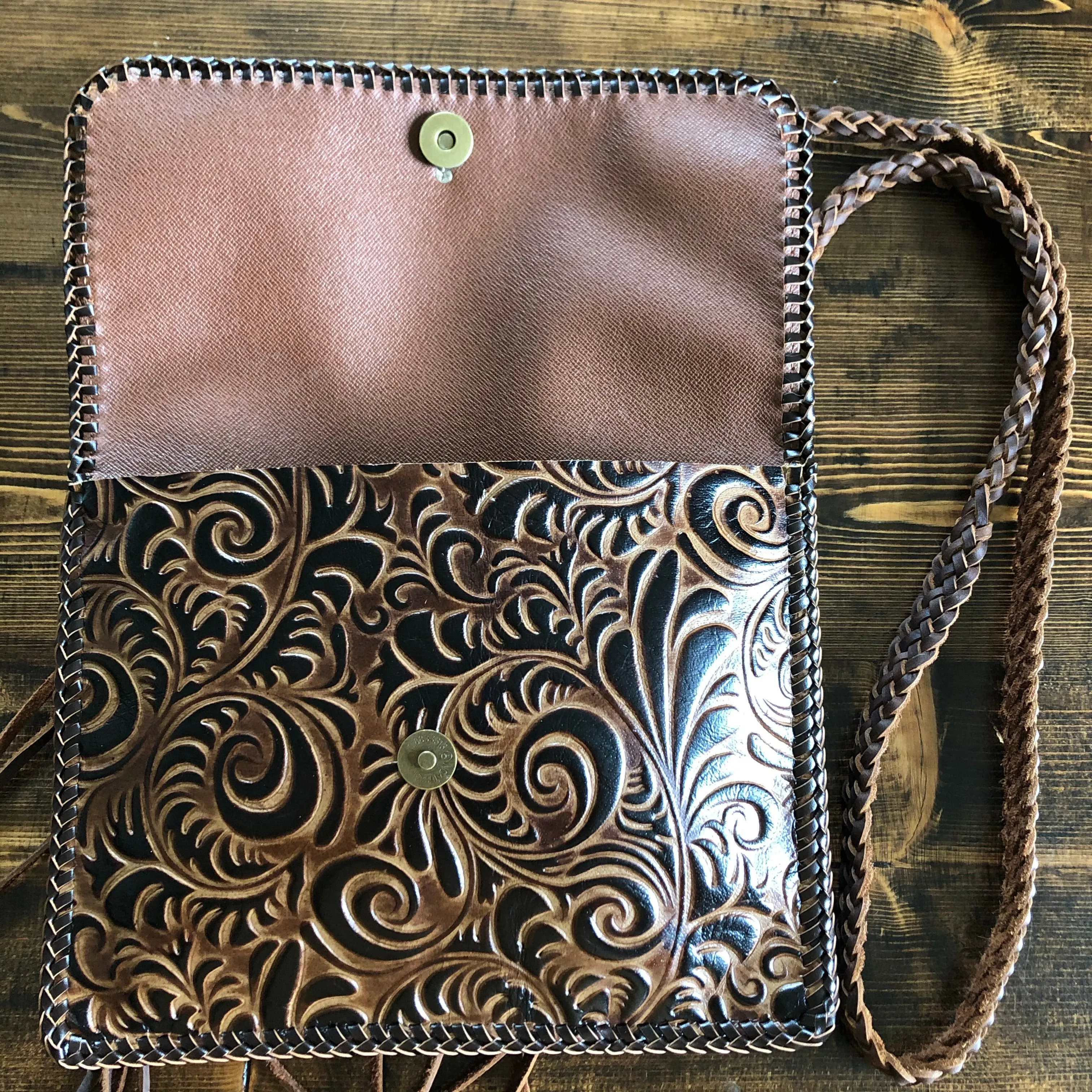 The Warbler Crossbody/Clutch in Monogram with Tooled Leather