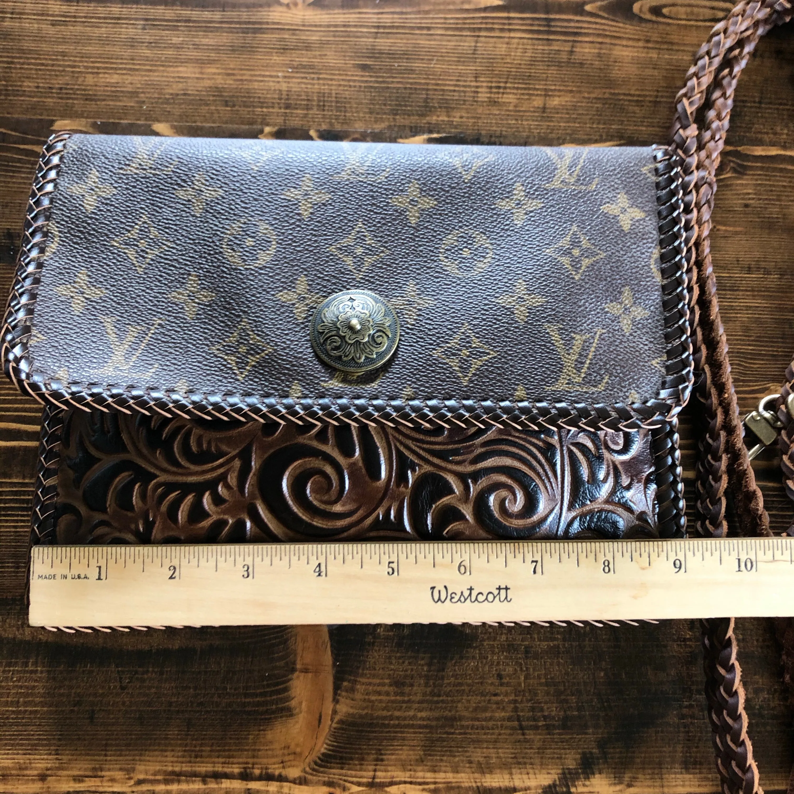 The Warbler Crossbody/Clutch in Monogram with Tooled Leather