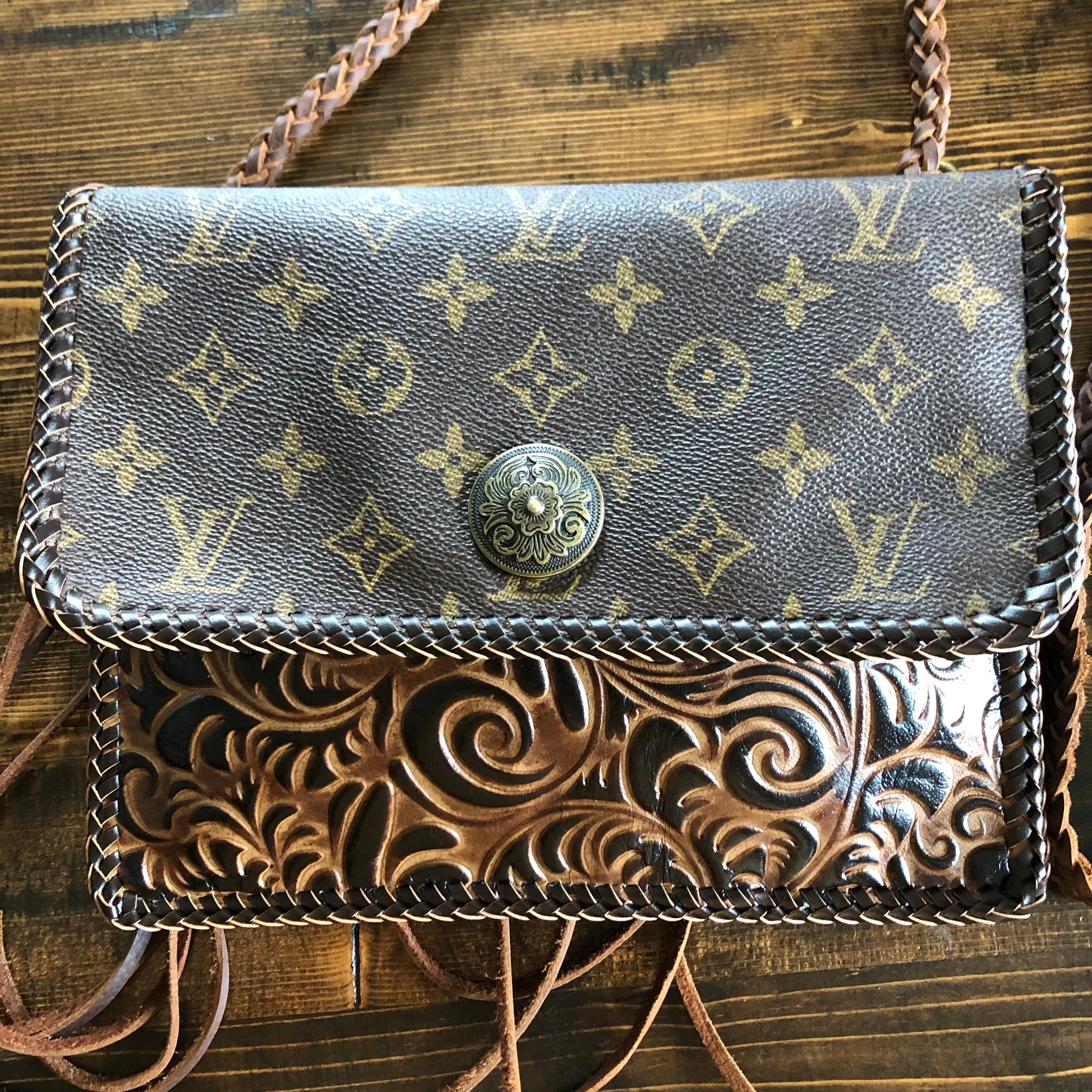 The Warbler Crossbody/Clutch in Monogram with Tooled Leather