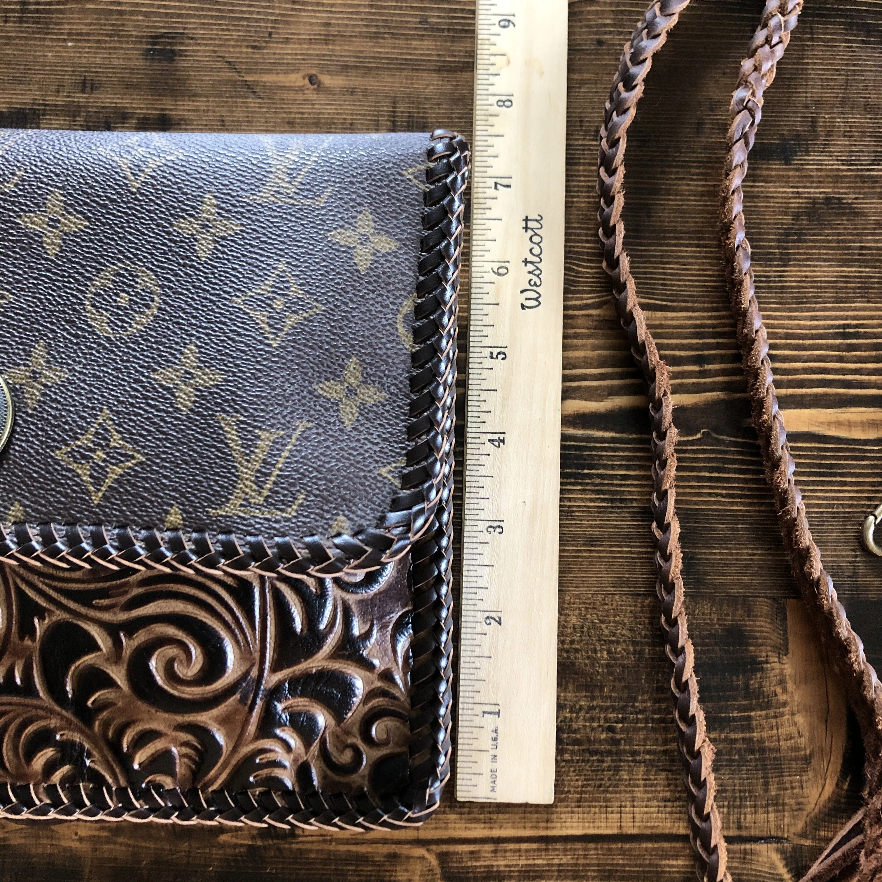 The Warbler Crossbody/Clutch in Monogram with Tooled Leather