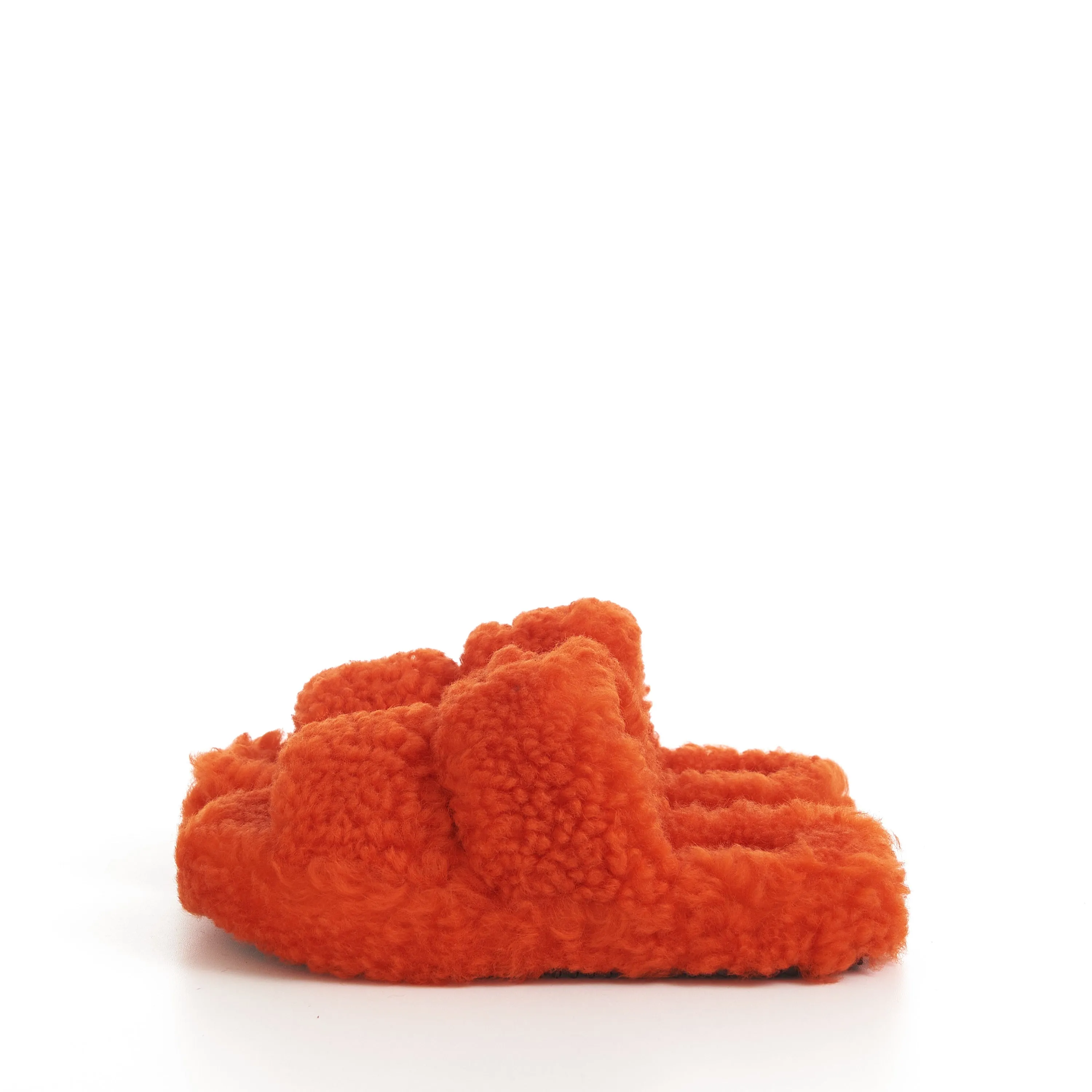 Triomphe Fur Slide Sandals In Bright Orange Shearling