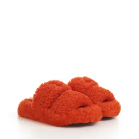 Triomphe Fur Slide Sandals In Bright Orange Shearling