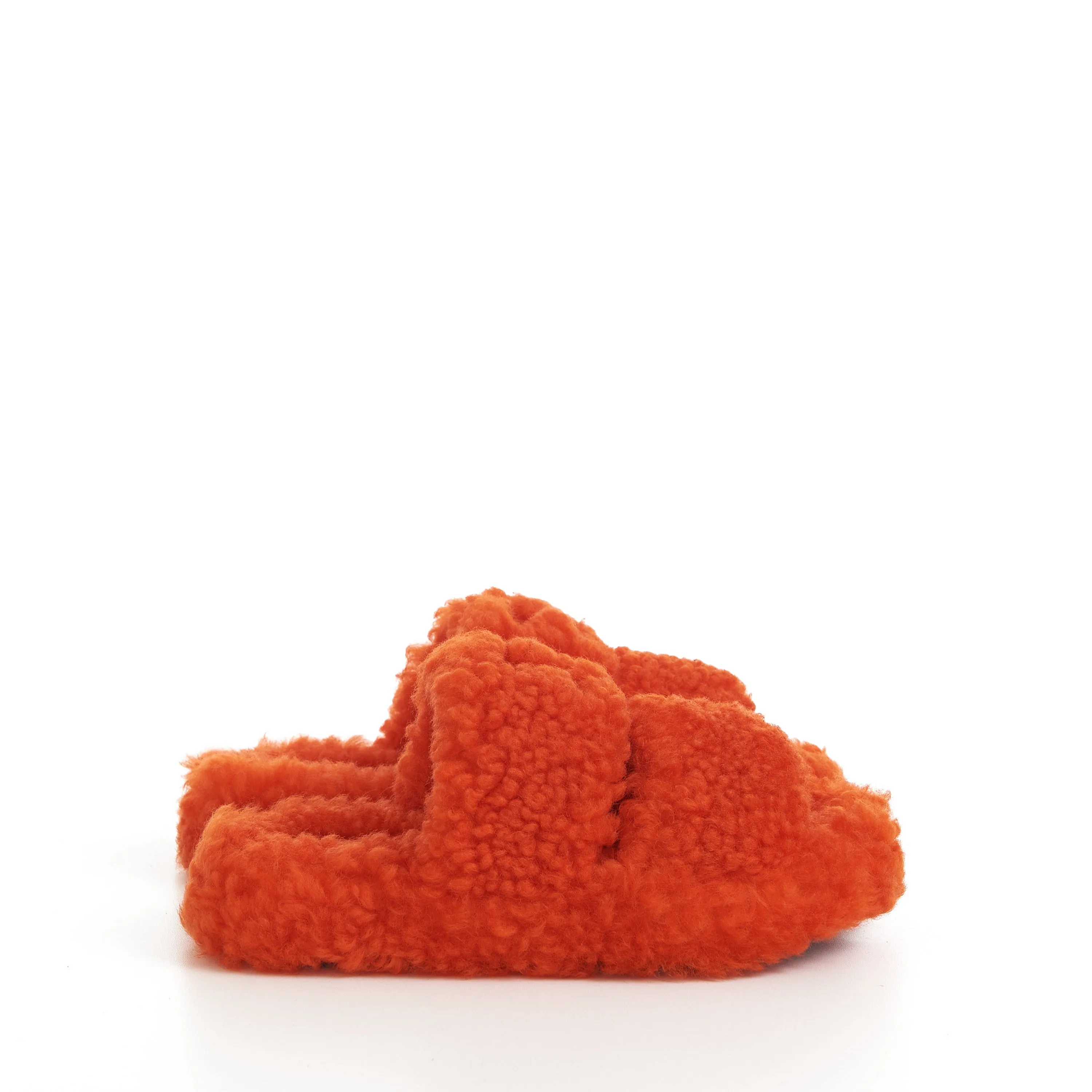 Triomphe Fur Slide Sandals In Bright Orange Shearling