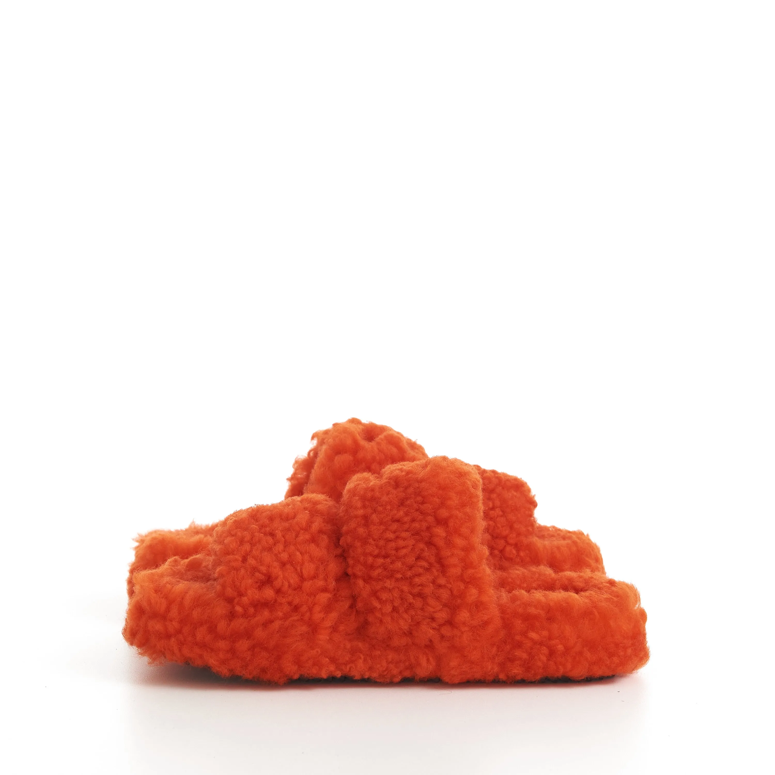 Triomphe Fur Slide Sandals In Bright Orange Shearling