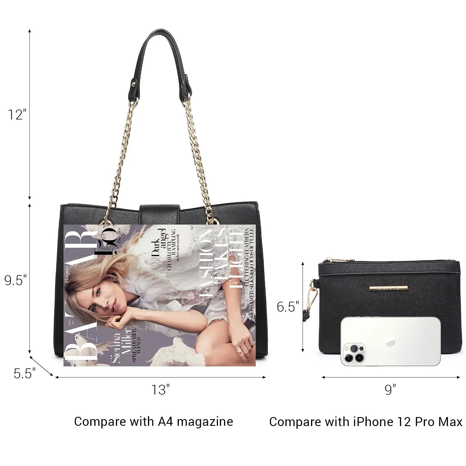 Women Fashion Chain Fashion Belt lock Tote Bags With Matching Clutch Dasein